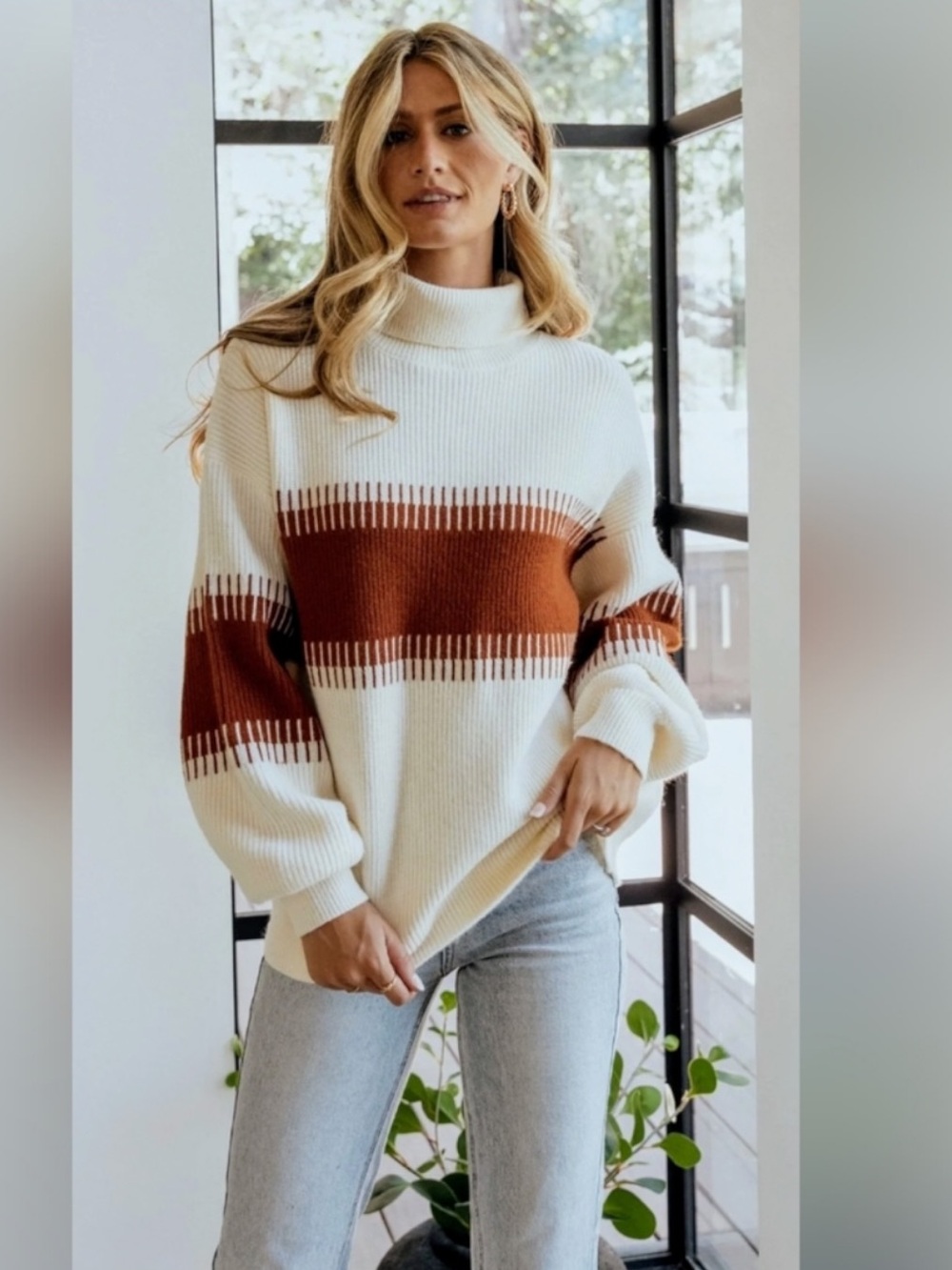 BALTIC BORN Sweater Antonov Cream and Spice Turtleneck Knit Cozy Western Aztec
